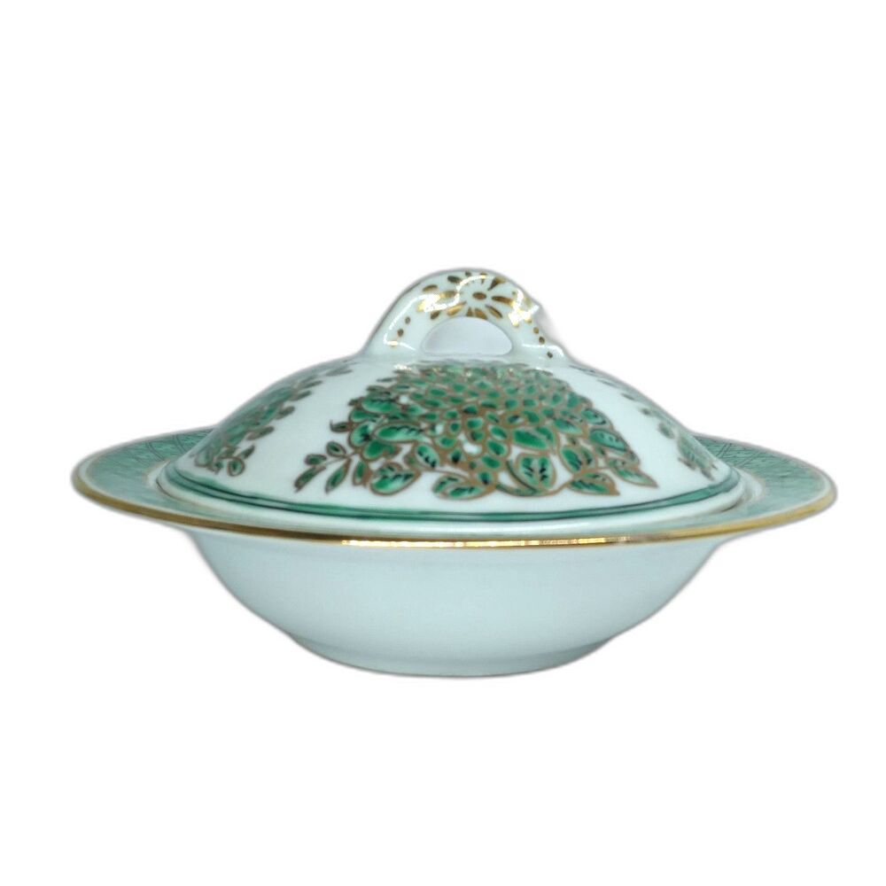 Chinoiserie Fitzhugh Pattern Green And Gold 6 1/4" Covered Bowl Hong Kong